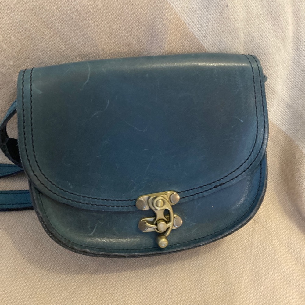 Unique blue leather crossbody from Greece